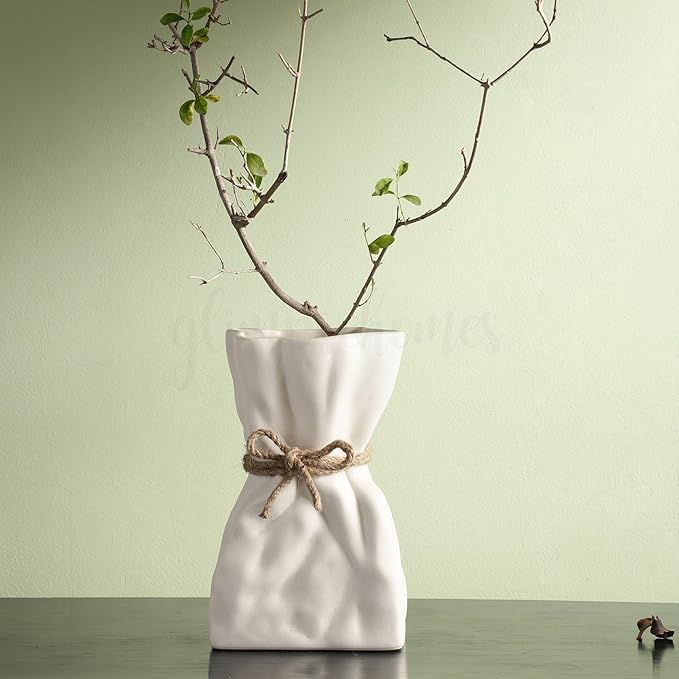 Glimpse Homes Crumpled Bag Vase | 8 inch (Matte, Off-White)
