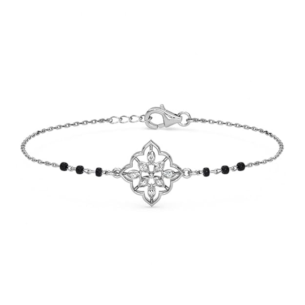 Clara 925 Sterling Silver Tashi Hand Mangalsutra Adjustable Bracelet With Black Beads Chain | Platinum Plated, Swiss Zirconia | Gift For Wife