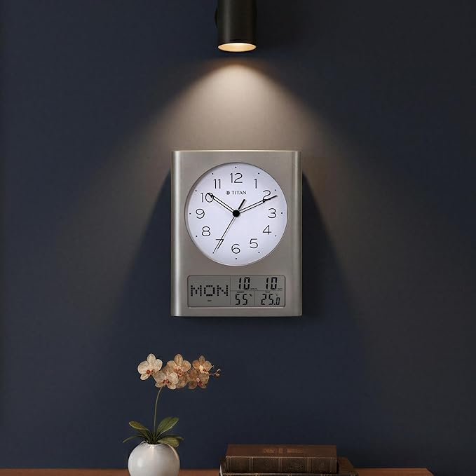 Titan Analog and Digital Display Wall Clock | Day, Date & Month | Temperature & Humidity Display | Grey Case White Dial | 330x260mm | W0116PC01