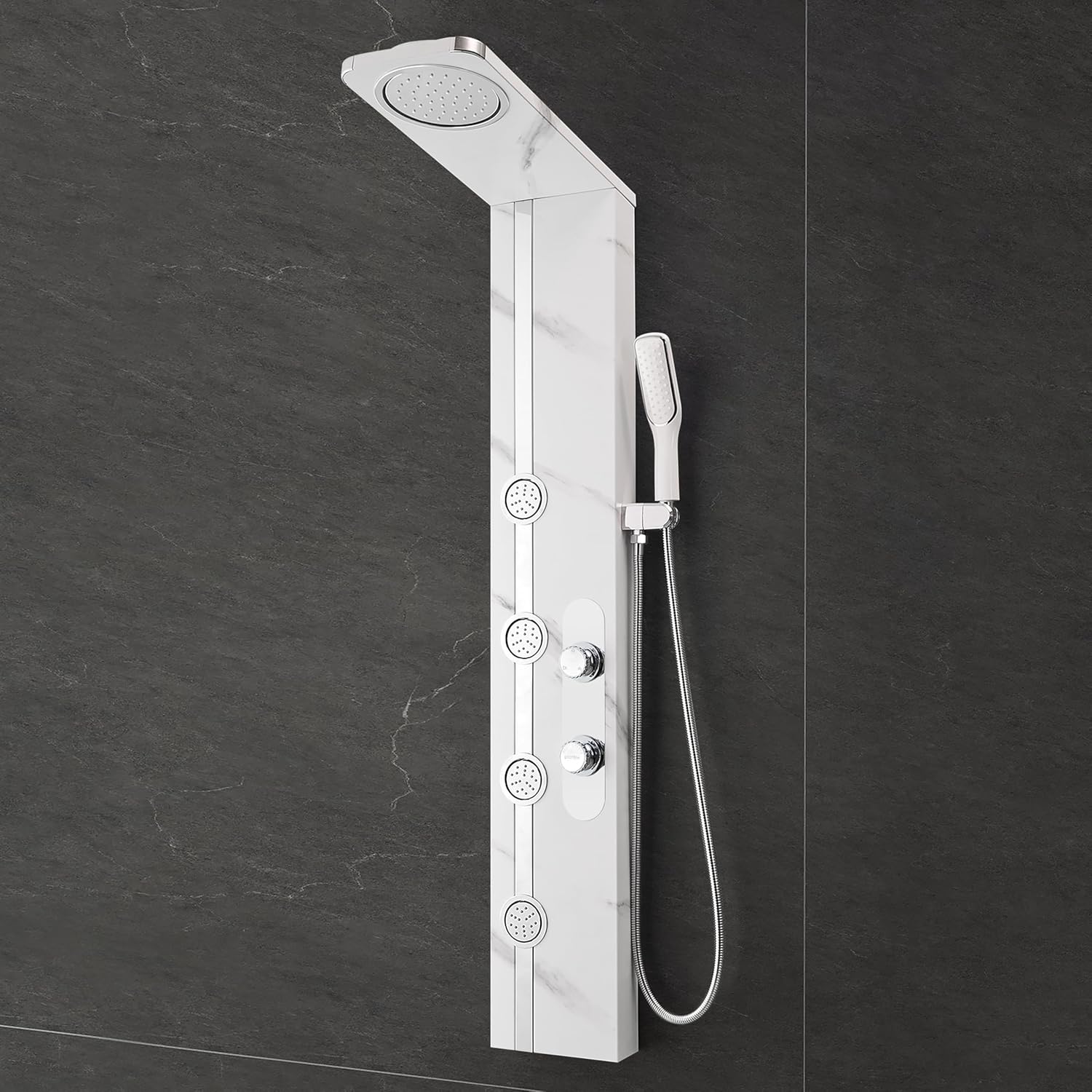 Plantex SS-304 Marble Textured Shower Panel for Bathroom with Showerhead/Hand Shower with Hose Pipe & Clamp/Body Massage Jets/Bathroom Shower System -(KM-8099)