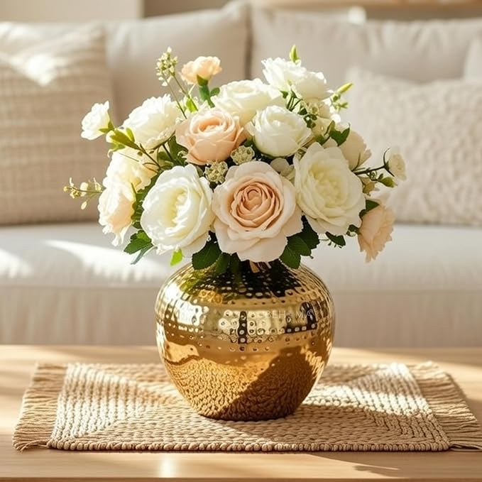 BEHOMA Metal Flower Vase For Home Decor | Table Decorative Item For Bedroom Living Room Office | Best Gift For Wedding Festivals Birthday | Golden Small 1Pc (Flower Not Included, Round)