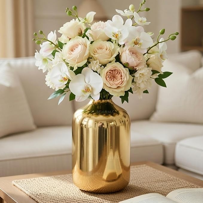 Behoma Metal Flower Vase for Home Decor Bedroom Living Room Office Wedding | Table Decorative Item for Festivals Birthday Gold (Flower Not Included, Modern)