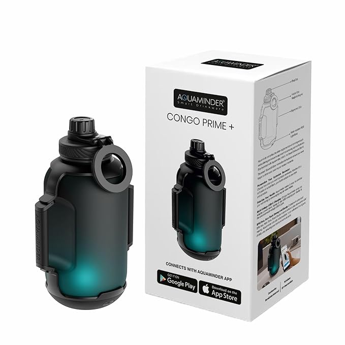 Aquaminder Smart Water Bottle, 1300ml, Glow Reminder Technology with Bluetooth App, Magnetic Phone Holder Grip, Compatible with I phone mobiles, USB-C Charging, BPA-free, Congo Prime+