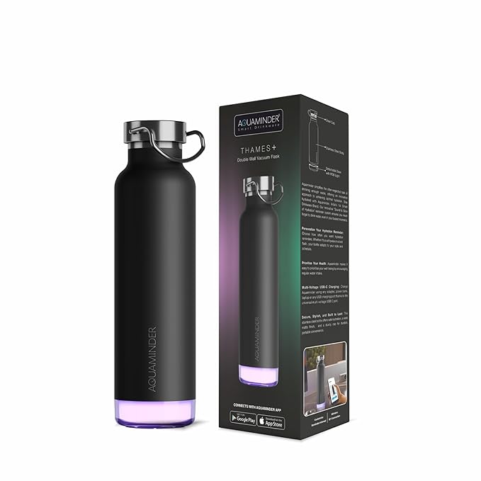Aquaminder Smart Water Bottle | RGB LED Glow & Timer Hydration Reminder with BT Mobile Phone Connection, Thames with App 600 ML (Black)