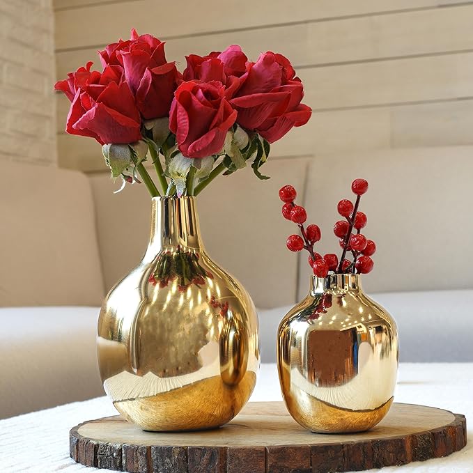 BEHOMA Glossy Golden Metal Flower Vase for Home Décor, Bedroom, Living Room, Office | Table Decorative Item for Festivals, Birthday, Wedding Anniversary Decoration | Gold, 2 Pcs (Flowers not Included)