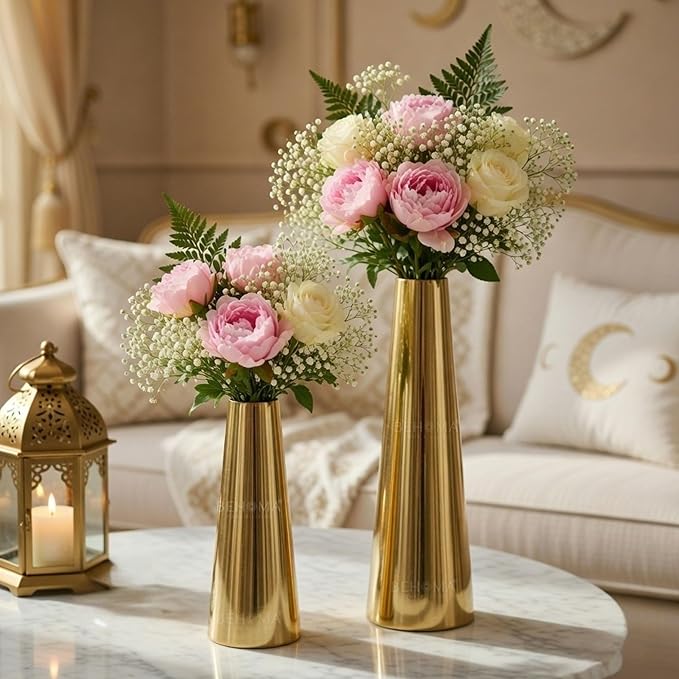 BEHOMA Golden Metal Slim Cone Flower Vase for Home Décor, Bedroom, Living Room, Office | Table Decorative Item for Festivals, Birthday, Wedding Decoration | Set of 2 (8" & 10.6") (Flower Not Included)