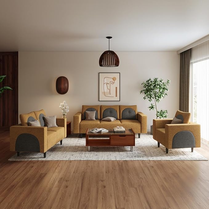 GODREJ INTERIO Cresco 6-Seater Fabric Sofa Set (3+2+1), 3-Years Warranty, Solid Wood, Camel and Taupe