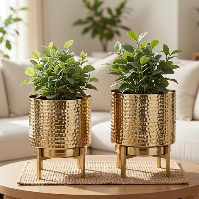 BEHOMA Hammered Metal Indoor Planter for Table Top and Floor | Living Room Drawing Room Balcony Office | Decoration Ideas for Plants| Set of 2 Golden Colour (Plants not Included)