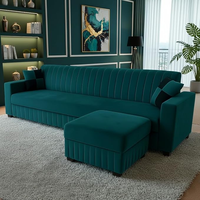 Furny Grace 4 Seater Fabric Sofa Set with Ottoman (Greenish Teal) | Soft Velvet Fabric | Modern Design | Comfortable Seating | Living Room Furniture