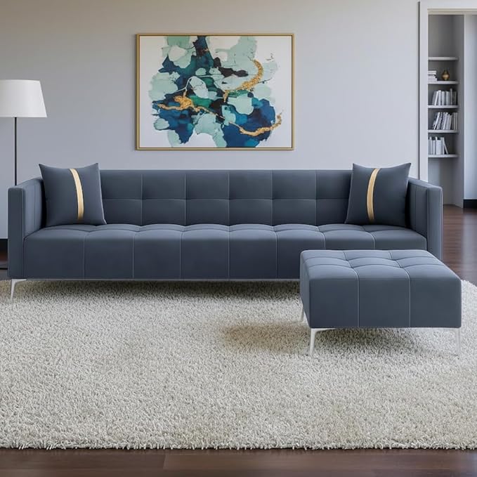 Furny Homeland 4 Seater Fabric Sofa Set with Ottoman (Grey) | Soft Velvet Fabric | Modern Design | Comfortable Seating | Living Room Furniture