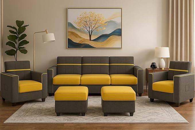 FURNY Premium Lovinghome 5 Seater, 3+1+1 Sofa Set for Living Room | with Velvet Fabric | in Grey & Yellow