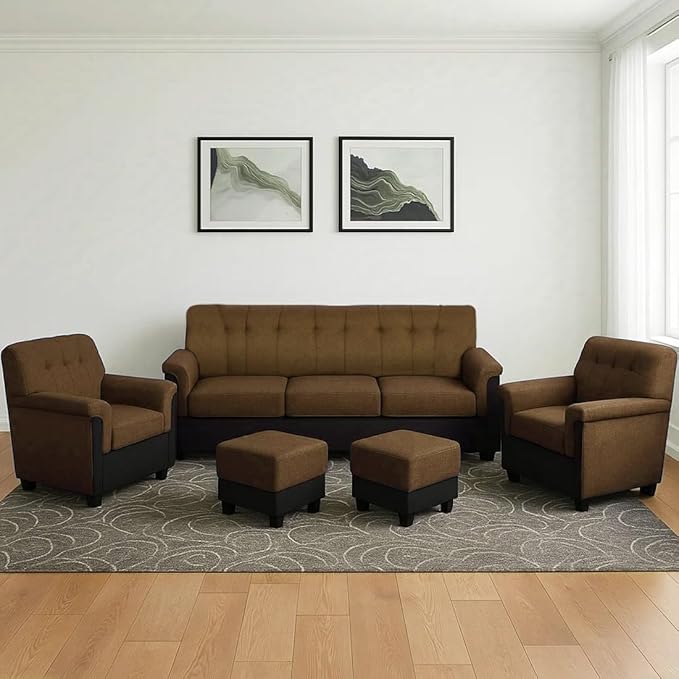 FURNY Woodswave 5 Seater 3+1+1+2 Puffy Sofa Set for Living Room (Brown & Black Color Velvet Fabric)