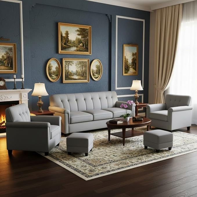 FURNY Woodswave 5 Seater 3+1+1+2 Puffy Sofa Set for Living Room in Premium Velvet Finish (Light Grey) Durable & Comfortable Ideal for Living Rooms