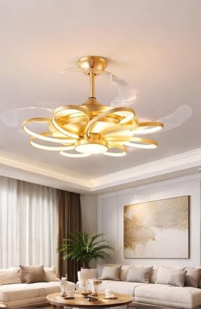 blissbells Modern LED Fan Chandelier with Remote – Luxury Gold Ceiling Fan with Integrated Light | Decorative Designer Ceiling Fan for Living Room, Bedroom, Dining Room & Home Décor