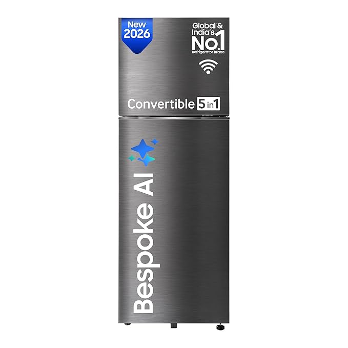 Samsung 330 L, 3 Star, Convertible 5-in-1, Digital Inverter, Frost Free Double Door, WiFi Bespoke AI Refrigerator (RT34HG5A23BXHL, Luxe Black, 2026 Model)