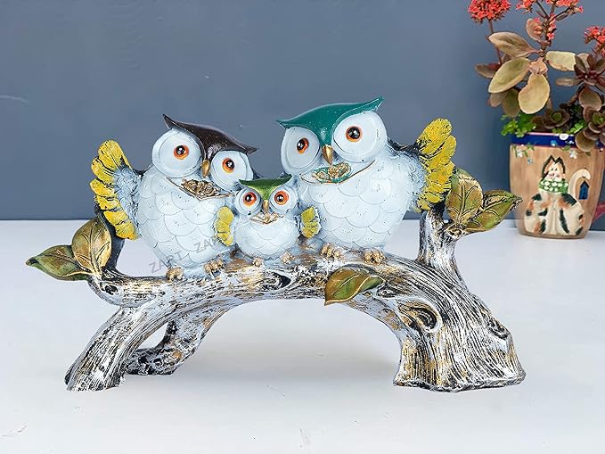 zart Handicrafted Decorative Owl Family Sitting On Tree Showpiece For Home Decor/Office/Shelf Table/Desktop/Living Room Decor 5" Inch Size, Multi Colour, Pack of 1