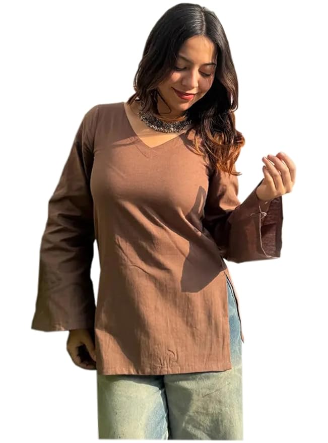 ANNI Designer Short Kurti for Women Latest Solid Design | V Neck Full Sleeve Kurti Tops for Women | Stylish Kurtis & Short Kurtis for Woman | Casual Kurti with Jeans | Kurtas for Woman