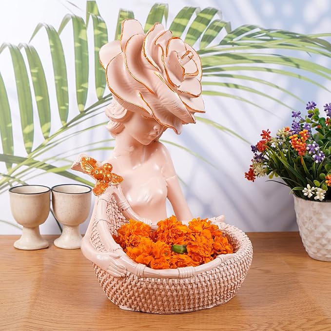 zart Lady with Basket Showpiece for Home Decor & Office Decor Showpiece (11.5" inch Size, Pink)