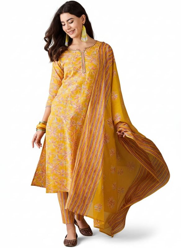 Women Angrakha Dress Printed Cotton Ethnic Wear for Daily and Festive Use | Ankle Length Casual Kurti with Flared Silhouette | V Neck Half Sleeve | Regular Fit Traditional Indian Outfit for Women