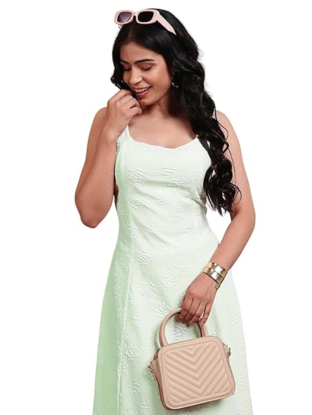 Leriya Fashion Women’s Jacquard Sleeveless Maxi Dress | Round Neck A-Line Long Dress for Party, Brunch & Casual Wear