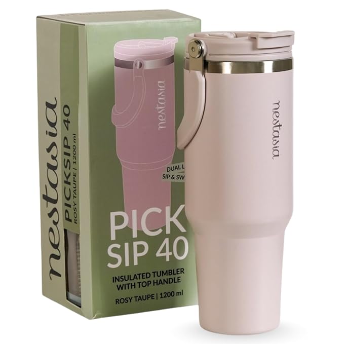 Nestasia PickSip40 Tumbler with Straw & Top Handle 1.2L | Insulated Stainless Steel Sipper Water Bottle for Adults with Dual Flip Opening Sip-Swig Leakproof Lid for Office & Gym (Rosy Taupe)