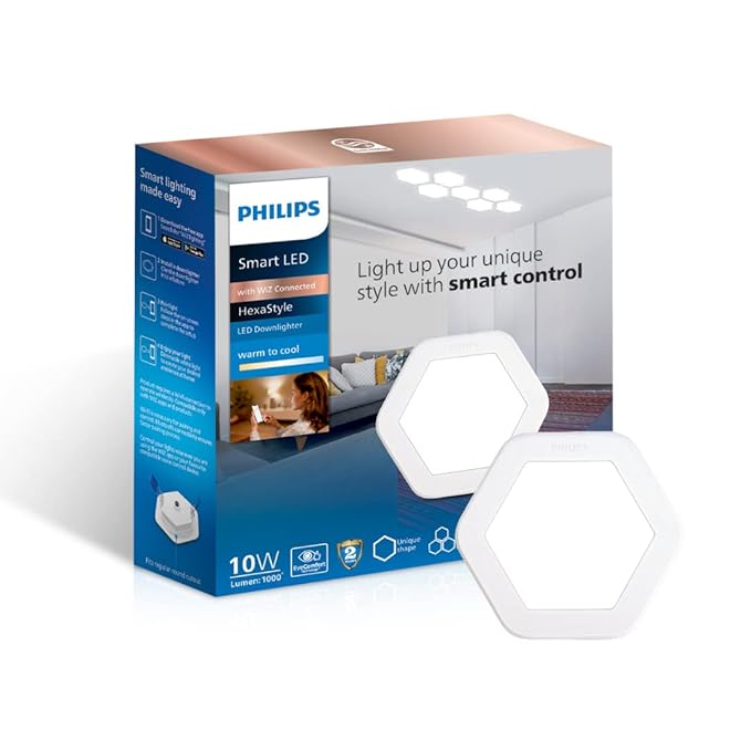 Philips Plastic Wiz Smart Colour Changing, Dimmable, Wi-Fi Enabled 10-Watt Hexastyle LED Ceiling Downlighter (Cutout: 4Inch) | Compatible With Amazon Alexa & Google Assistant| Pack Of 1