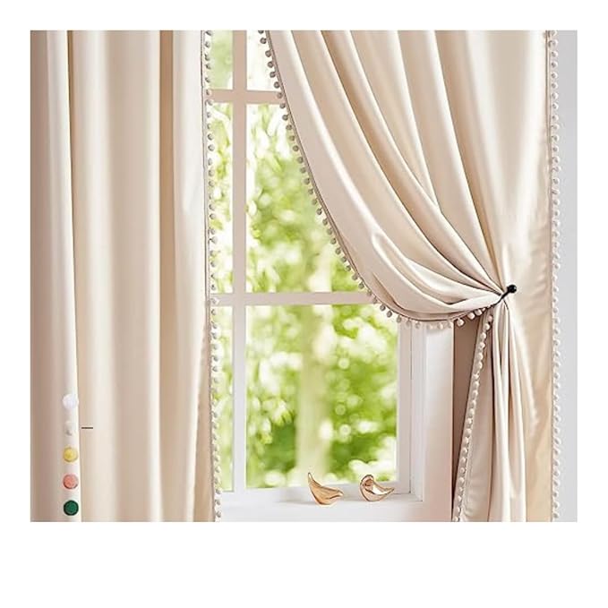 Amazon Brand - Umi blackout Velvet Eyelet Door Curtains with pom pom Lace for Living Room Bedroom Kitchen 2 pc Pack in Beige Color (Door - 4 feet x 8 feet)|Solid