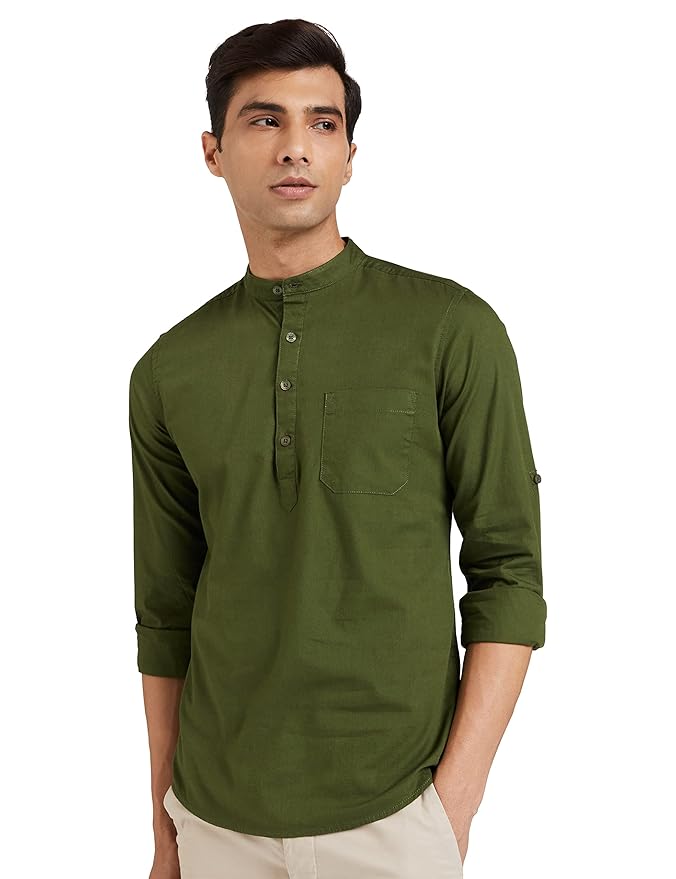 Amazon Brand - Symbol Men's Cotton Shirt | Kurta Placket Style | Casual | Plain | Full Sleeve | Summer - Regular Fit (Available in Plus Sizes)