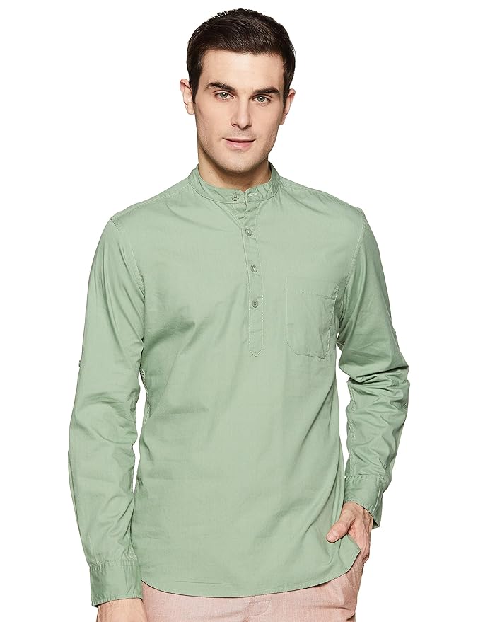 Amazon Brand - Symbol Men's Cotton Shirt | Kurta Placket Style | Casual | Plain | Full Sleeve | Summer - Regular Fit (Available in Plus Sizes)