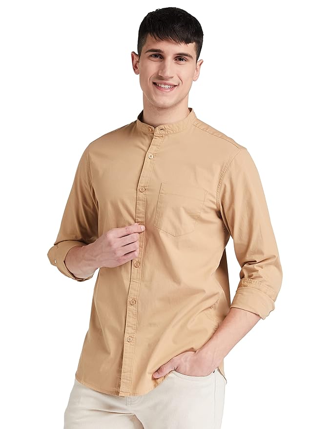 Amazon Brand - Symbol Men's Cotton Shirt | Chinese Collar | Casual | Plain | Full Sleeve | Summer - Regular Fit (Available in Plus Sizes)