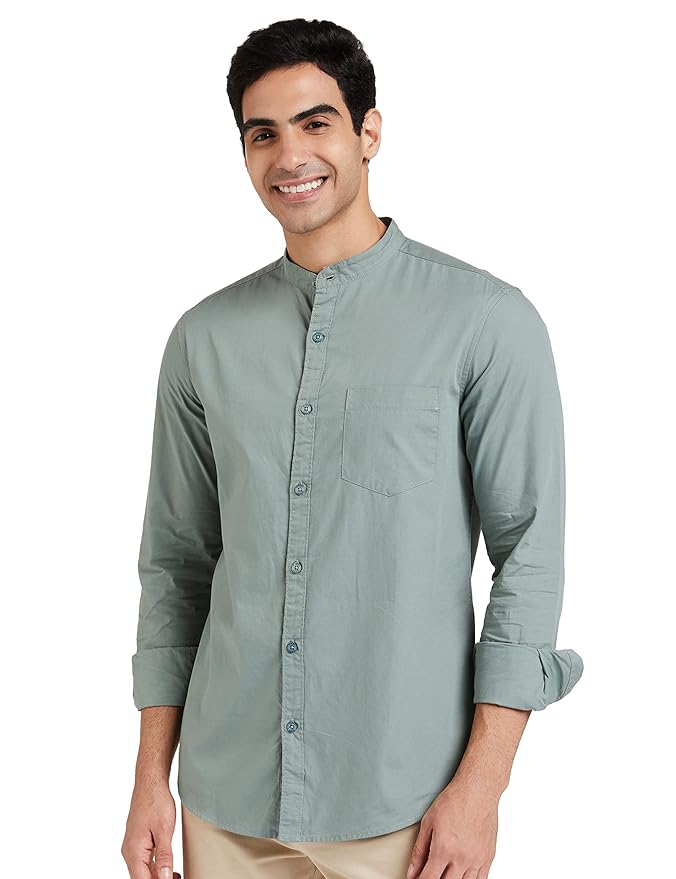 Amazon Brand - Symbol Men's Cotton Shirt | Chinese Collar | Casual | Plain | Full Sleeve | Summer - Regular Fit (Available in Plus Sizes)