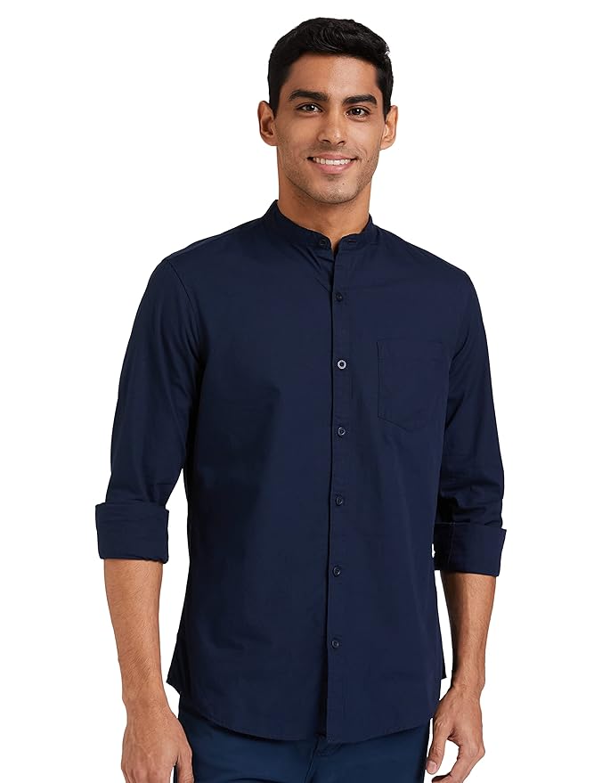 Amazon Brand - Symbol Men's Cotton Shirt | Chinese Collar | Casual | Plain | Full Sleeve | Summer - Regular Fit (Available in Plus Sizes)