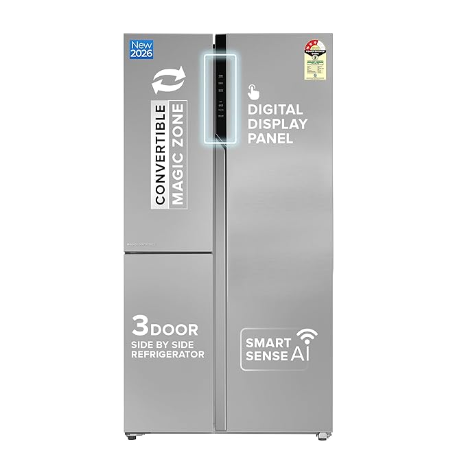 Haier SmartChoice 598L 3 Star 3-Door Side by Side Frost Free Refrigerator|Convertible|Smart Sense AI|Expert Inverter Compressor|Digital Display Panel (2025 Model, HRT-683ISU1, Inox Steel)
