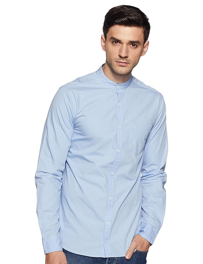 Amazon Brand - Symbol Men's Cotton Shirt | Chinese Collar | Casual | Plain | Full Sleeve | Summer - Regular Fit (Available in Plus Sizes)