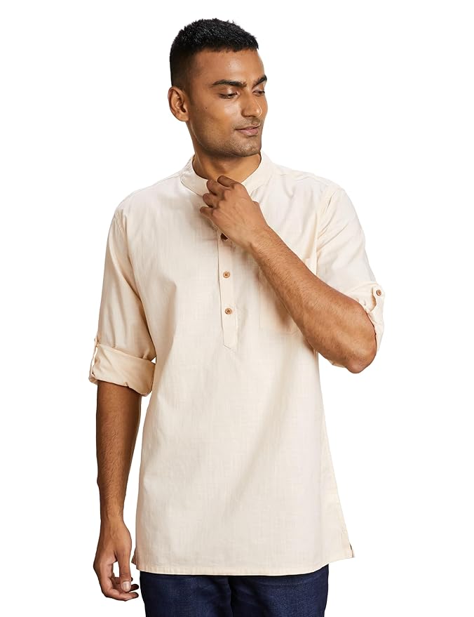 Amazon Brand - Symbol Men's 100% Cotton Solid Short Length Casual Kurta - Regular Fit (Available in Plus Sizes)