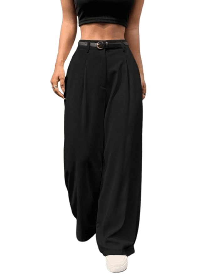 Aahwan Women's Loose High Rise Solid High Waist Korean Pleated Wide Leg Trouser