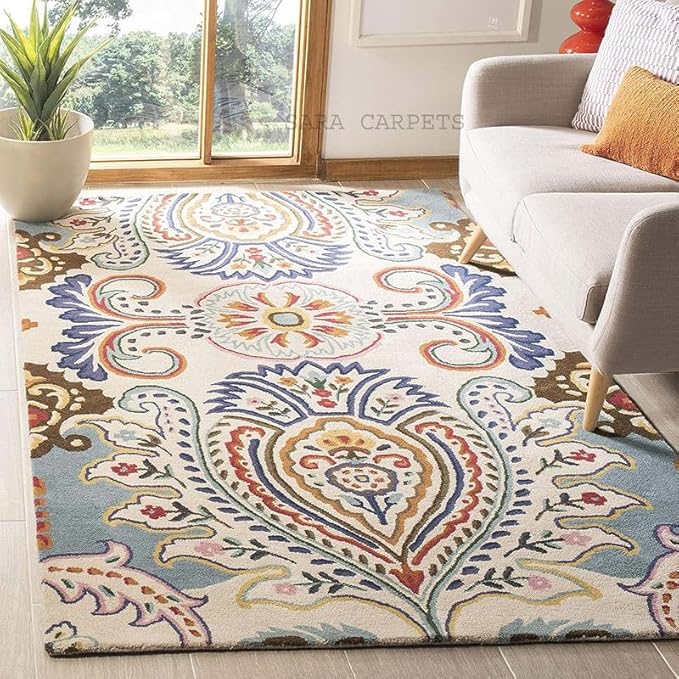 Handmade Woollen Rectangular Carpet. Craft Collection For Living Room Bedroom. Hall Size 4 X 6 Feet (120X180 Cm) O White 21