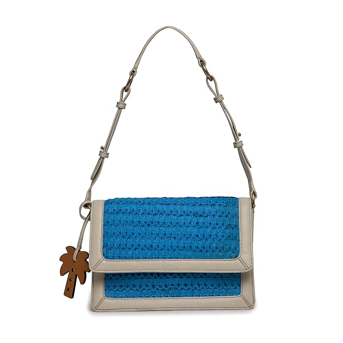 HIE Clara Shoulder Bag with Vegan Leather Trims and Adjustable Shoulder Strap – Paper Straw Bag with Front Flap Closure – Stylish Women’s Bag for Travel and Office Use.