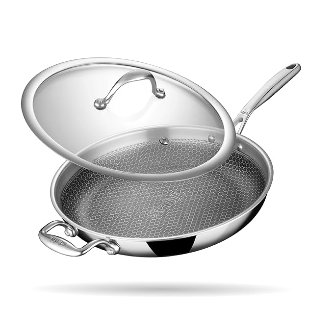 Stahl Artisan Hybrid 3 L, 28 cm Triply Frying Pan with Lid | Induction & Gas Stove Compatible | Honeycomb Non Stick Fry Pan, Metal Spoon Friendly