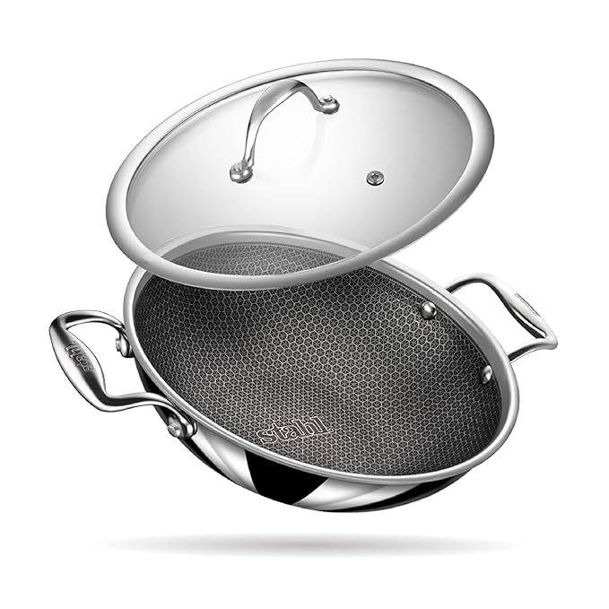 Stahl Artisan Hybrid 4.4 L, 28 cm Triply Non Stick Kadai with Lid, Stainless Steel Kadai for Cooking, Triply Kadhai Metal Spatula Friendly, Induction & Gas Stove Compatible