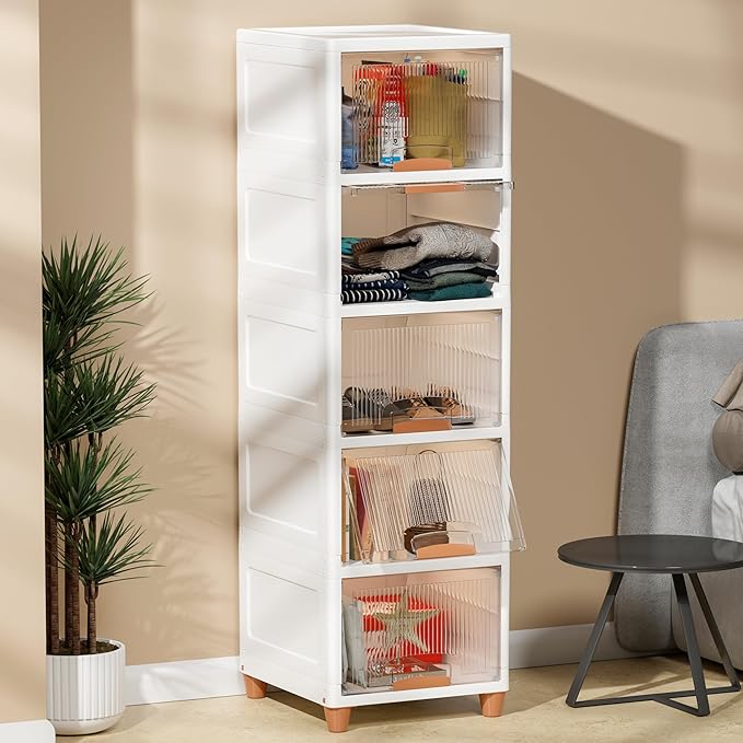 JD FRESH 5 Tier Foldable Plastic Rack for Storage/Kitchen Cupboard/Versatile and Sturdy Wardrobe for Clothes/Multipurpose Storage Organizer/Closet for Bedroom/Living Room/Laundry Room (Transparent)