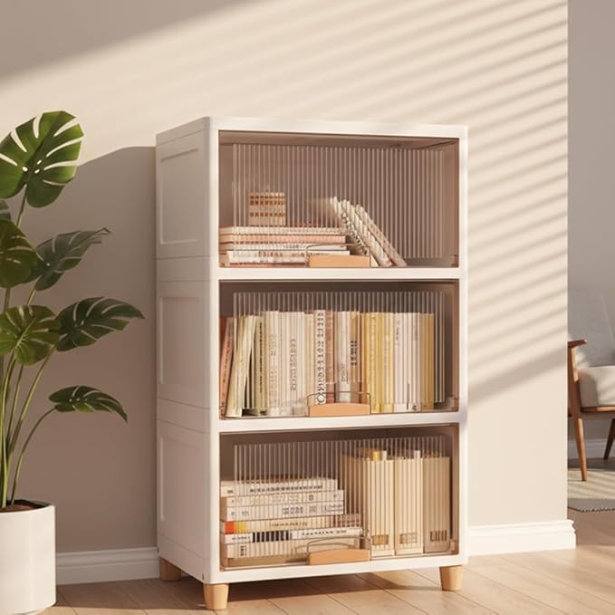 JD FRESH 3 Tier X-Large Cupboard for Storage/Stackable Plastic Storage Cabinet/Foldable Wardrobe for Clothes/Multipurpose Storage Organizer/Closet for Bedroom/Living Room/Kitchen (Transparent & White)