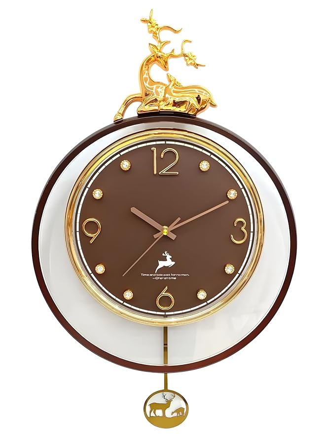Amazon Brand - Umi Luxury Silent Stylish Golden Deer Designer Pendulum Wall Clock Lolak Big Wall Clock Decorative Clock for Living Room, Bedroom, Hall, Office Premium Home Décor UC-T2598 (Brown)