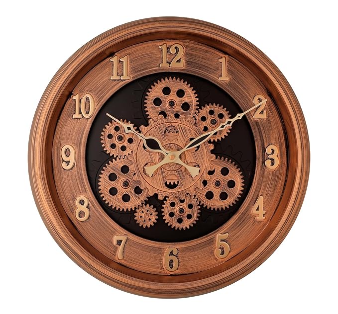 Amazon Brand - Umi Moving Gear Wall Clock for Living Room Modern Plastic Wall Clocks Industrial Steampunk Moving Gear Analog Wall Clock for Home Decor Office (32.5cm Diameter Clock) (Copper Golden)