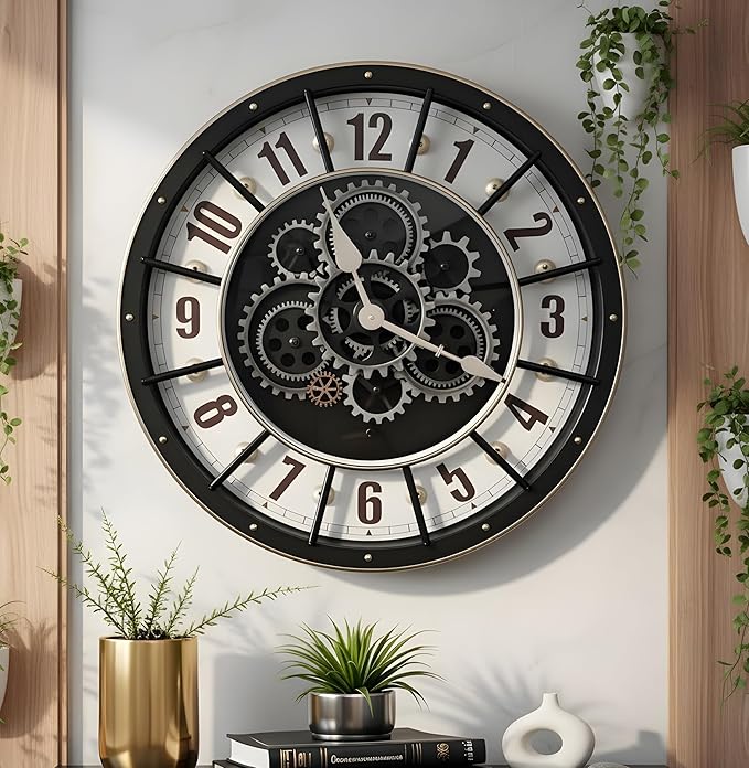 Xtore Striking Industrial Moving Gear Wall Clock for Living Room, Office & Study Décor | Skeleton Dial Design with Exposed Gear Detailing & Bold Numeric Markers (Black & White, 45 cm)