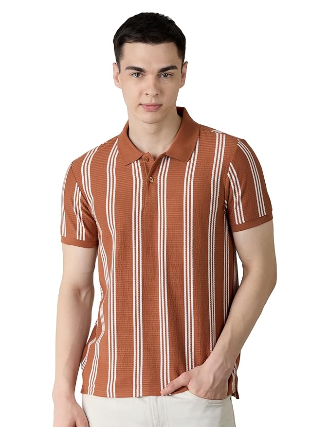 Amazon Brand - Symbol Men Cotton Rich Textured Striper Polo Tshirts | Regular Fit | Half Sleeves - Available in Plus Sizes