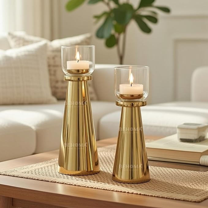Behoma Handcrafted Golden Tea Light Candle Holders Set of 2 | Premium Metal & Glass Candle Stand | Table Centerpiece for Living Room, Coffee Tables & Christmas Decor Gift (Candles Not Included)