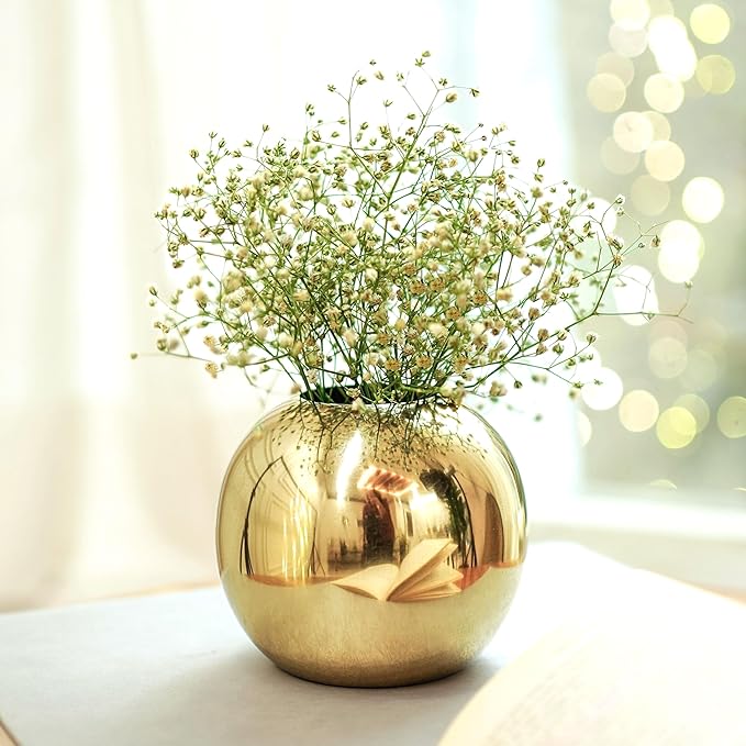 BEHOMA Metal Ball Round Metal Vase for Home Décor | Table Decorative Flower Pot for Valentine’s Day | Perfect Couple Gift for Wedding, Anniversary, Birthday | Gold, Small (Flower Not Included)