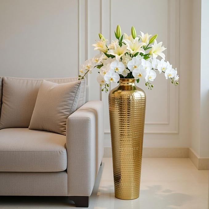 BEHOMA Premium Hand-Hammered Gold Metal Floor Vase | Tall Luxury Glossy Golden Standing Vase for Living Room & Home Décor | Modern Cylindrical Corner Vase | 1 Pc (Flower Not Included)