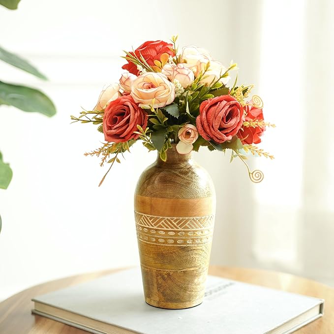 Behoma Flower Vase, Mango Wood Flower Vases, Bud with Etching, for Decor Home Living Room Kitchen Office, Diwali Decoration | Height - 7.8" inch (20 cm)